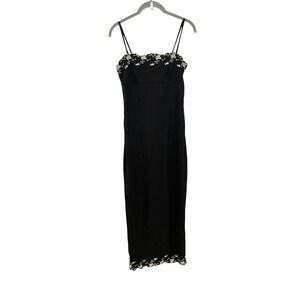 Vintage Y2K City Triangles Black Mesh Long Dress White Embroidered Floral 90s M